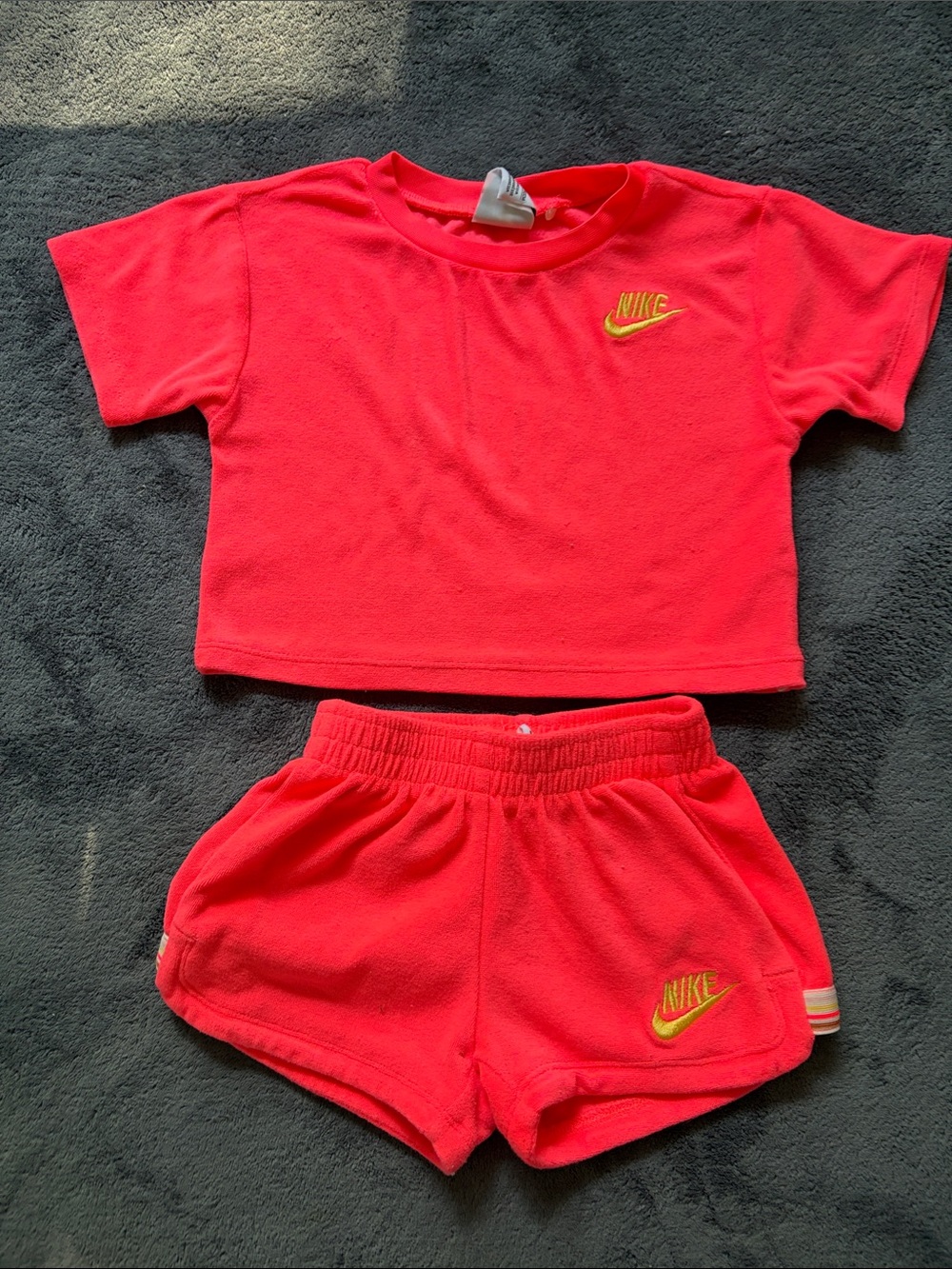 Nike Coral Pink Terry Crop Tee & Shorts Set
